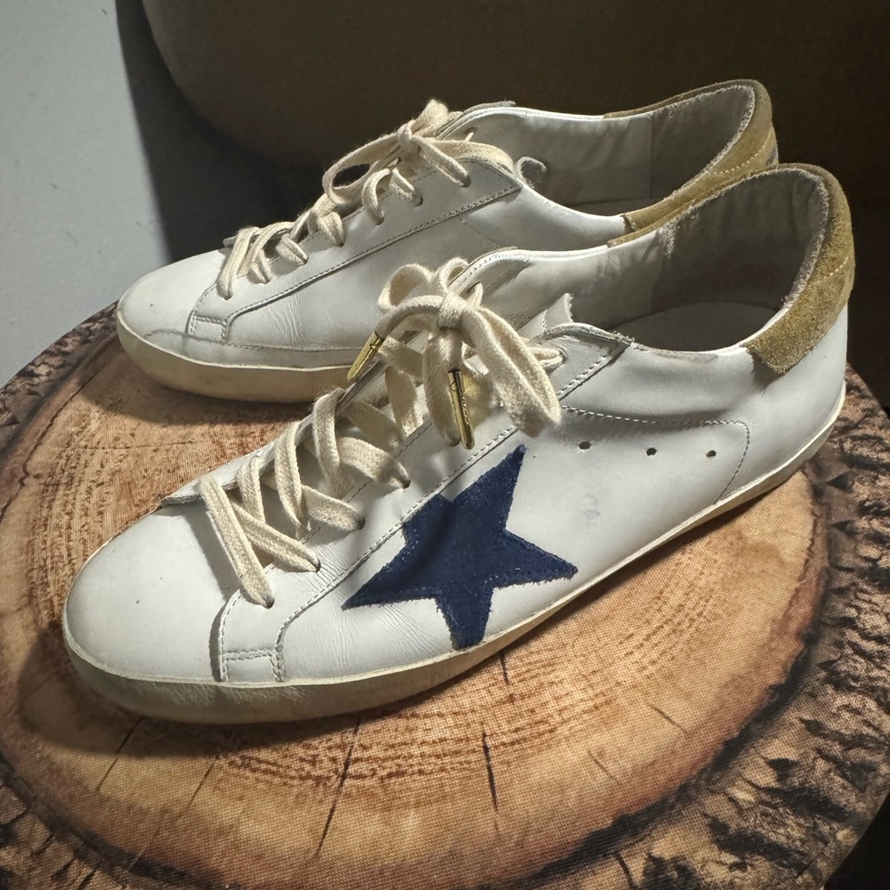 Golden Goose White Sneakers with Blue and Gold Accents